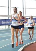 27 January 2019; Niamh O'Connor of Celbridge AC, Co. Kildare, left, on her way to winning the Junior Women 3km Walk event, ahead of Sarah Glennon of Mullingar Harriers AC, Co. Westmeath, during the Irish Life Health Junior and U23 Indoors at AIT International Arena in Athlone, Co. Westmeath. Photo by Sam Barnes/Sportsfile
