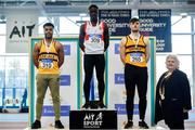 27 January 2019; Junior Men's 60m medallists, from left, Ryan O'Leary of Leevale AC, Co.Cork, bronze, Israel Olatunde of Dundealgan AC, Co. Louth, gold, and Conor Morey of Leevale AC, Co. Cork, silver, with Athletics Ireland President Georgina Drumm during the Irish Life Health Junior and U23 Indoors at AIT International Arena in Athlone, Co. Westmeath. Photo by Sam Barnes/Sportsfile