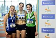 27 January 2019; Junior Women High Jump medallists, from left, Emily  Corcoran of Celtic DCH A.C., Co. Dublin, brozne, Daena Kealy of St Abbans AC, Laois, gold, and Aoife O'Sullivan of Liscarroll AC, Co. Cork, silver,  during the Irish Life Health Junior and U23 Indoors at AIT International Arena in Athlone, Co. Westmeath. Photo by Sam Barnes/Sportsfile