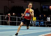 27 January 2019; Christopher Duffy of Tallaght A.C., Co.Dublin, on his way to winning the Junior Men 400m event during the Irish Life Health Junior and U23 Indoors at AIT International Arena in Athlone, Co. Westmeath. Photo by Sam Barnes/Sportsfile