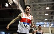 27 January 2019; Cillin Greene of Galway City Harriers AC, Co. Galway, after winning the U23 Men 200m event during the Irish Life Health Junior and U23 Indoors at AIT International Arena in Athlone, Co. Westmeath. Photo by Sam Barnes/Sportsfile