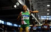 27 January 2019; Davicia Patterson of Beechmount Harriers, Co Antrim, after winning the Junior Women 200m event during the Irish Life Health Junior and U23 Indoors at AIT International Arena in Athlone, Co. Westmeath. Photo by Sam Barnes/Sportsfile