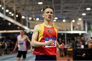 27 January 2019; Christopher Duffy of Tallaght A.C., Co.Dublin, celebrates winning the Junior Men 400m event during the Irish Life Health Junior and U23 Indoors at AIT International Arena in Athlone, Co. Westmeath. Photo by Sam Barnes/Sportsfile