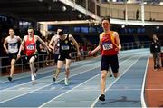 27 January 2019; Christopher Duffy of Tallaght A.C., Co.Dublin, celebrates winning the Junior Men 400m event during the Irish Life Health Junior and U23 Indoors at AIT International Arena in Athlone, Co. Westmeath. Photo by Sam Barnes/Sportsfile