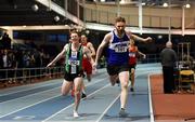 27 January 2019; Shane Irwin of Finn Valley AC, Co. Donegal, right, on his way to winning the U23 Men 400m event, ahead of Craig Newell of Ballymena & Antrim AC, Co. Antrim, during the Irish Life Health Junior and U23 Indoors at AIT International Arena in Athlone, Co. Westmeath. Photo by Sam Barnes/Sportsfile