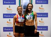 27 January 2019; U23 Women 60m medallists, Sarah Quinn of St. Colmans South Mayo AC, Co. Mayo, bronze, and Sophie Becker of St. Joseph's AC, Co. Kilkenny, gold, during the Irish Life Health Junior and U23 Indoors at AIT International Arena in Athlone, Co. Westmeath. Photo by Sam Barnes/Sportsfile