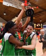 27 January 2019; Courtyard Liffey Celtics captain Ailbhe O’Connor, centre, and her team-mates Briana Green, left, and Megan Howe celebrate with the cup after the Hula Hoops Women’s Paudie O'Connor National Cup Final match between Courtyard Liffey Celtics and Singleton SuperValu Brunell at the National Basketball Arena in Tallaght, Dublin. Photo by Brendan Moran/Sportsfile