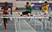 27 January 2019; Shane Mooney of Tireragh AC, Co. Sligo, centre, on his way to winning the U23 Men 60m hurdles event during the Irish Life Health Junior and U23 Indoors at AIT International Arena in Athlone, Co. Westmeath. Photo by Sam Barnes/Sportsfile