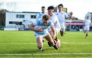 28 January 2019; Niall Comerford of Blackrock College scores his side's first try despite the attempted tackle from Josh Pyper of Presentation College Bray during the Bank of Ireland Leinster Schools Senior Cup Round 1 match between Presentation College Bray and Blackrock College at Energia Park in Dublin. Photo by David Fitzgerald/Sportsfile