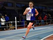 27 January 2019; James Dunne of Tullamore Harriers AC, Co. Offaly, on his way to winning the Junior Men 800m event during the Irish Life Health Junior and U23 Indoors at AIT International Arena in Athlone, Co. Westmeath. Photo by Sam Barnes/Sportsfile