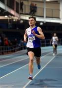 27 January 2019; James Dunne of Tullamore Harriers AC, Co. Offaly, on his way to winning the Junior Men 800m event during the Irish Life Health Junior and U23 Indoors at AIT International Arena in Athlone, Co. Westmeath. Photo by Sam Barnes/Sportsfile