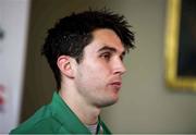 29 January 2019; Joey Carbery speaking during an Ireland Rugby press conference at Carton House in Maynooth, Co Kildare. Photo by David Fitzgerald/Sportsfile