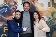 29 January 2019; Jono Carroll, Matchroom Boxing promoter Eddie Hearn and WBA & IBF women's lightweight champion Katie Taylor pose following a press conference announcing the Matchroom Boxing USA card that will take place on March 15, 2019 at the Liacouras Center in Philadelphia, USA. Photo by Ed Mulholland/Matchroom Boxing USA via Sportsfile