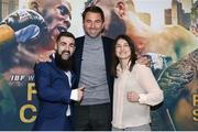 29 January 2019; Jono Carroll, Matchroom Boxing promoter Eddie Hearn and WBA & IBF women's lightweight champion Katie Taylor pose following a press conference announcing the Matchroom Boxing USA card that will take place on March 15, 2019 at the Liacouras Center in Philadelphia, USA. Photo by Ed Mulholland/Matchroom Boxing USA via Sportsfile