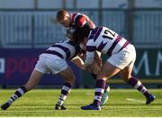 30 January 2019; Henry O'Hagan of Wesley College is tackled by Ryan McMahon, left, and Joe Carroll of Clongowes Wood College during the Bank of Ireland Leinster Schools Senior Cup Round 1 match between Wesley College and Clongowes Wood College at Energia Park in Dublin. Photo by Ben McShane/Sportsfile