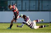 30 January 2019; Adam Campion of Wesley College is tackled by Mark Galvin of Clongowes Wood College during the Bank of Ireland Leinster Schools Senior Cup Round 1 match between Wesley College and Clongowes Wood College at Energia Park in Dublin. Photo by Ben McShane/Sportsfile