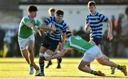 30 January 2019; David Slupko of Castleknock College is tackled by Karl Morgan and Arthur Henry of Gonzaga College during the Bank of Ireland Leinster Schools Senior Cup Round 1 match between Gonzaga College and Castleknock College at Castle Avenue in Dublin. Photo by Matt Browne/Sportsfile
