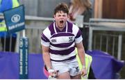 30 January 2019; John Maher of Clongowes Wood College celebrates after scoring his side's third try during the Bank of Ireland Leinster Schools Senior Cup Round 1 match between Wesley College and Clongowes Wood College at Energia Park in Dublin. Photo by Ben McShane/Sportsfile