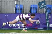 30 January 2019; John Maher of Clongowes Wood College goes over to score his side's third try during the Bank of Ireland Leinster Schools Senior Cup Round 1 match between Wesley College and Clongowes Wood College at Energia Park in Dublin. Photo by Ben McShane/Sportsfile
