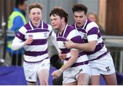 30 January 2019; John Maher of Clongowes Wood College celebrates after scoring his side's third try with teammates Hugo Philips, right, and David Wilkinson during the Bank of Ireland Leinster Schools Senior Cup Round 1 match between Wesley College and Clongowes Wood College at Energia Park in Dublin. Photo by Ben McShane/Sportsfile