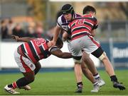 30 January 2019; Ryan McMahon of Clongowes Wood College is tackled by Daniel Dooley, right, and Idanesi Momoh of Wesley College during the Bank of Ireland Leinster Schools Senior Cup Round 1 match between Wesley College and Clongowes Wood College at Energia Park in Dublin. Photo by Eóin Noonan/Sportsfile