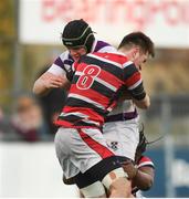 30 January 2019; Ryan McMahon of Clongowes Wood College is tackled by Daniel Dooley, left, and Idanesi Momoh of Wesley College during the Bank of Ireland Leinster Schools Senior Cup Round 1 match between Wesley College and Clongowes Wood College at Energia Park in Dublin. Photo by Eóin Noonan/Sportsfile