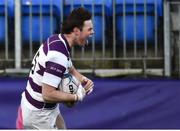 30 January 2019; John Maher of Clongowes Wood College on his way to scoring his side's third try during the Bank of Ireland Leinster Schools Senior Cup Round 1 match between Wesley College and Clongowes Wood College at Energia Park in Dublin. Photo by Ben McShane/Sportsfile