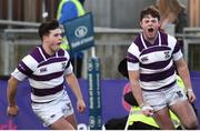 30 January 2019; John Maher, right, of Clongowes Wood College celebrates after scoring his side's third try with teammate Hugo Philips during the Bank of Ireland Leinster Schools Senior Cup Round 1 match between Wesley College and Clongowes Wood College at Energia Park in Dublin. Photo by Ben McShane/Sportsfile