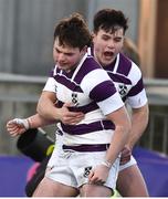30 January 2019; John Maher, left, of Clongowes Wood College celebrates after scoring his side's third try with teammate Hugo Philips during the Bank of Ireland Leinster Schools Senior Cup Round 1 match between Wesley College and Clongowes Wood College at Energia Park in Dublin. Photo by Ben McShane/Sportsfile