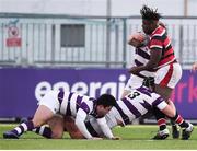 30 January 2019; Sam Illo of Wesley College is tackled by Ryan McMahon of Clongowes Wood College during the Bank of Ireland Leinster Schools Senior Cup Round 1 match between Wesley College and Clongowes Wood College at Energia Park in Dublin. Photo by Ben McShane/Sportsfile