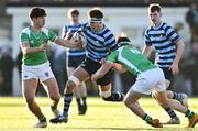 30 January 2019; David Slupko of Castleknock College is tackled by Karl Morgan, left, and Arthur Henry of Gonzaga College during the Bank of Ireland Leinster Schools Senior Cup Round 1 match between Gonzaga College and Castleknock College at Castle Avenue in Dublin. Photo by Matt Browne/Sportsfile