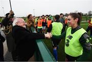 31 January 2019; President Michael D Higgins meets Heather Jameson, FAI, Front of House Administrator, who was participating in a lunch time game of football, during a visit to the FAI Headquarters in Abbottstown, Dublin. Photo by Stephen McCarthy/Sportsfile