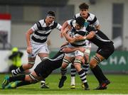 31 January 2019; Aaron Coleman of Belvedere College is tackled by Gavin Meagher, left, and Lucas Culliton of Cistercian College Roscrea during the Bank of Ireland Leinster Schools Senior Cup Round 1 match between Belvedere College and Cistercian College Roscrea at Energia Park in Dublin. Photo by Eóin Noonan/Sportsfile