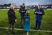 31 January 2019; Leinster academy manager Peter Smyth, right, pulls out the name of Blackrock College, alongside Leinster Branch President Lorcan Balfe, left, and Leinster provincial talent coach Trevor Hogan, during the Bank of Ireland Leinster Schools Senior Cup Draw at Energia Park, Dublin. Photo by Eóin Noonan/Sportsfile