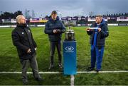 31 January 2019; Leinster academy manager Peter Smyth, right, pulls out the name of Belvedere College, alongside Leinster Branch President Lorcan Balfe, left, and Leinster provincial talent coach Trevor Hogan, during the Bank of Ireland Leinster Schools Senior Cup Draw at Energia Park, Dublin. Photo by Eóin Noonan/Sportsfile