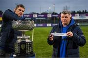 31 January 2019; Leinster academy manager Peter Smyth, right, pulls out the name of Gonzaga college, alongside Leinster provincial talent coach Trevor Hogan, during the Bank of Ireland Leinster Schools Senior Cup Draw at Energia Park, Dublin. Photo by Eóin Noonan/Sportsfile