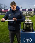 31 January 2019; Leinster Rugby provincial talent coach Trevor Hogan, pulls out the name CUS or CBS Monkstown during the Bank of Ireland Leinster Schools Senior Cup Draw at Energia Park, Dublin. Photo by Eóin Noonan/Sportsfile