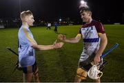 31 January 2019; Michael Carey of UL, right, shakes hands with his brother Sean Carey of UCD following the Electric Ireland Fitzgibbon Cup Group A Round 3 match between University College Dublin and University of Limerick at Billings Park in Belfield, Dublin. Photo by Stephen McCarthy/Sportsfile