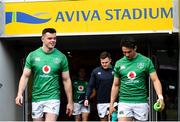 1 February 2019; James Ryan, left, and Joey Carbery arrive for the Ireland Rugby captain's run at the Aviva Stadium in Dublin. Photo by Brendan Moran/Sportsfile