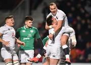 1 February 2019; Cadan Murley of England is congratulated by his team-mate Tom Hardwick, right, after he scored the first try during the U20 Six Nations Rugby Championship match between Ireland and England at Irish Independent Park in Cork. Photo by Matt Browne/Sportsfile