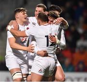 1 February 2019; Cadan Murley of England, right, is congratulated by his team-mates after scoring his side's first try during the U20 Six Nations Rugby Championship match between Ireland and England at Irish Independent Park in Cork. Photo by Matt Browne/Sportsfile