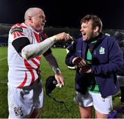 1 February 2019; Hugh Vyvyan of England Legends, left, and Denis Fogarty of Ireland Legends after the Stuart Mangan Memorial Cup match between Ireland Legends and England Legends at the RDS Arena in Dublin. All proceeds from this great event will be split among the My Name’5 Doddie Foundation, Rugby Players Ireland Foundation, Restart Rugby, the IRFU Charitable Trust and Irish motor neurone charities. Photo by Brendan Moran/Sportsfile