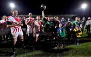 1 February 2019; Ireland Legends captain Shane Byrne lifts the Stuart Mangan Memorial Cup after the Stuart Mangan Memorial Cup match between Ireland Legends and England Legends at the RDS Arena in Dublin. All proceeds from this great event will be split among the My Name’5 Doddie Foundation, Rugby Players Ireland Foundation, Restart Rugby, the IRFU Charitable Trust and Irish motor neurone charities. Photo by Brendan Moran/Sportsfile