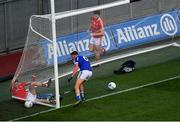 2 February 2019; Ryan Burns of Louth is caught in the goal net after being tackled by Robbie Piggott of Laois, 6, after scoring Louth's second goal during the Allianz Football League Division 3 Round 2 match between Laois and Louth at Croke Park in Dublin. Photo by Piaras Ó Mídheach/Sportsfile