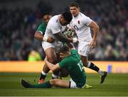 2 February 2019; Manu Tuilagi of England is tackled by Bundee Aki, left, and Garry Ringrose of Ireland during the Guinness Six Nations Rugby Championship match between Ireland and England in the Aviva Stadium in Dublin. Photo by David Fitzgerald/Sportsfile