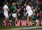 2 February 2019; Jonny May of England celebrates after scoring his side's first try during the Guinness Six Nations Rugby Championship match between Ireland and England in the Aviva Stadium in Dublin. Photo by David Fitzgerald/Sportsfile