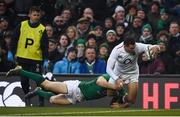 2 February 2019; Jonny May of England goes over to score his side's first try despite the tackle of Garry Ringrose of Ireland during the Guinness Six Nations Rugby Championship match between Ireland and England in the Aviva Stadium in Dublin. Photo by David Fitzgerald/Sportsfile
