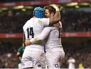 2 February 2019; Elliot Daly, right, celebrates with teammate Jack Nowell of England after scoring his side's second try during the Guinness Six Nations Rugby Championship match between Ireland and England in the Aviva Stadium in Dublin. Photo by David Fitzgerald/Sportsfile