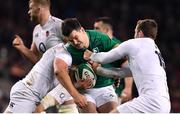 2 February 2019; Jonathan Sexton of Ireland is tackled by Owen Farrell, left, and Elliot Daly of England during the Guinness Six Nations Rugby Championship match between Ireland and England in the Aviva Stadium in Dublin. Photo by Ramsey Cardy/Sportsfile