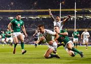 2 February 2019; Henry Slade of England dives over to score his side's third try despite the tackle of Garry Ringrose of Ireland during the Guinness Six Nations Rugby Championship match between Ireland and England in the Aviva Stadium in Dublin. Photo by Brendan Moran/Sportsfile